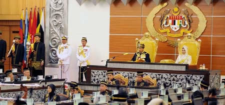 Malaysia's King delivers his keynote address during the opening of a parliament sitting at the Parliament House
